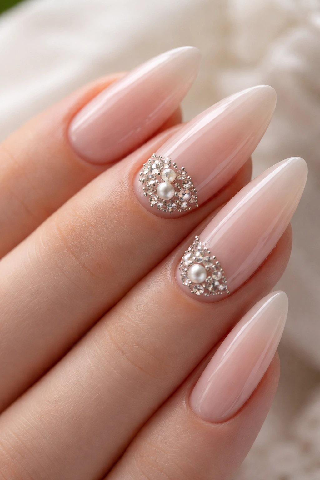 Almond nails with nude base and crystal accents near the cuticle