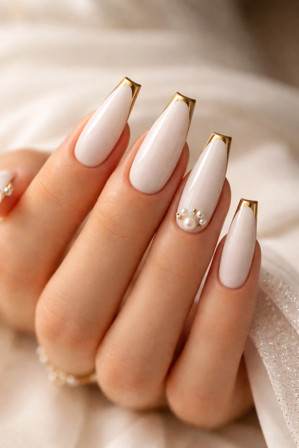 Bridal gold French tip coffin nails with pearls on selected nails
