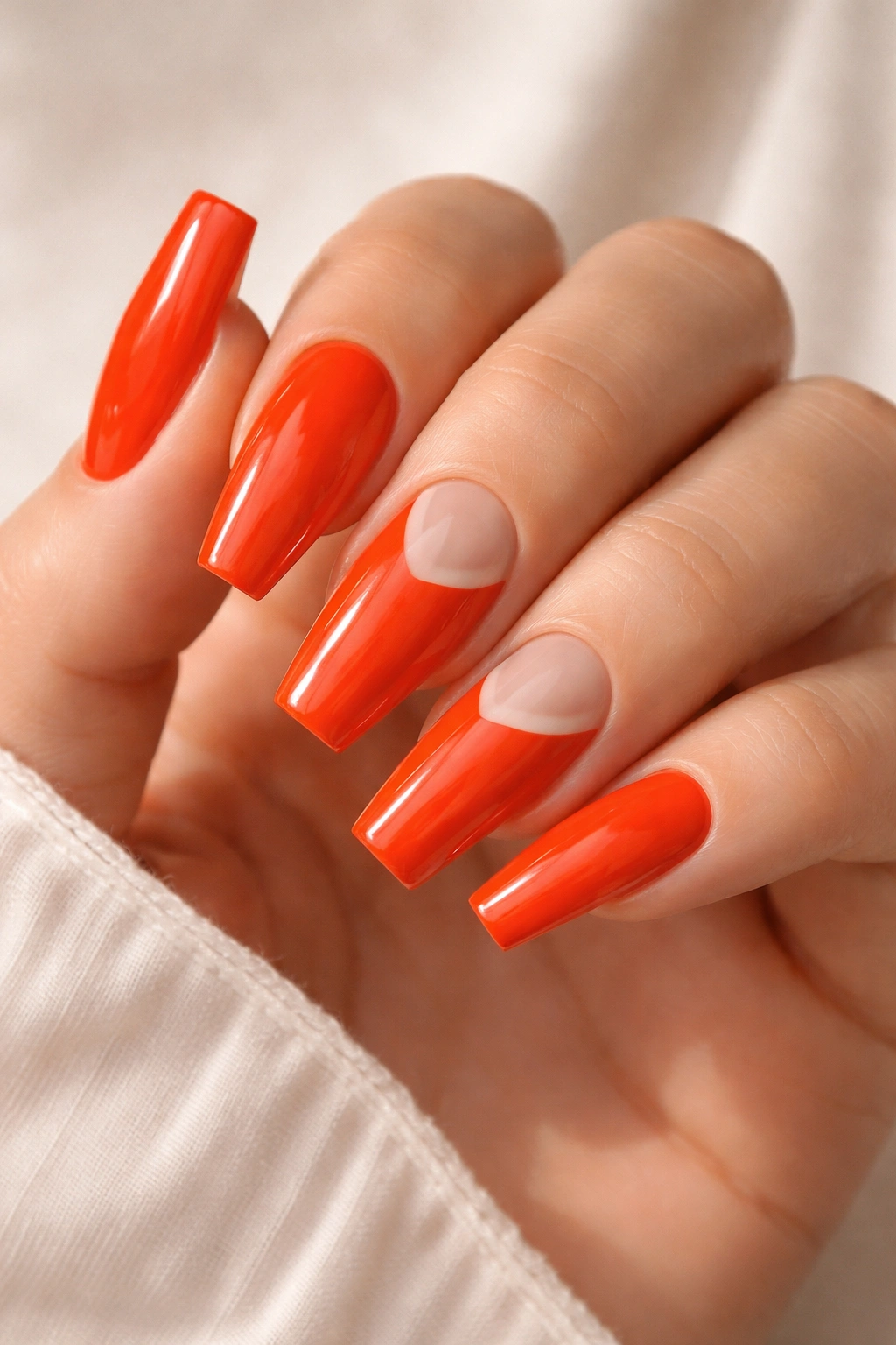 Bright poppy coffin nails with negative-space cutouts