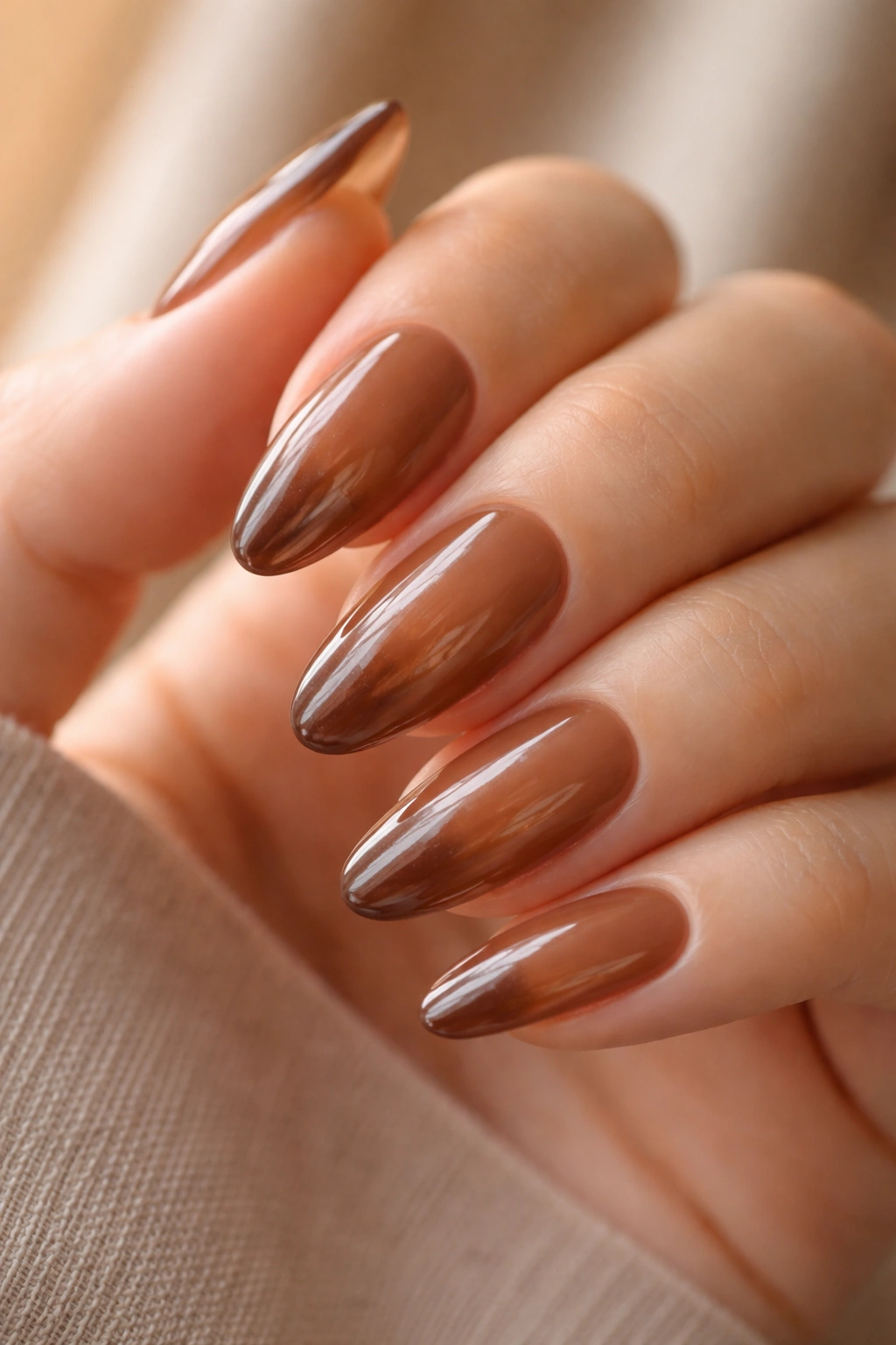 Close-up of translucent brown jelly almond nails showing depth and edge translucence