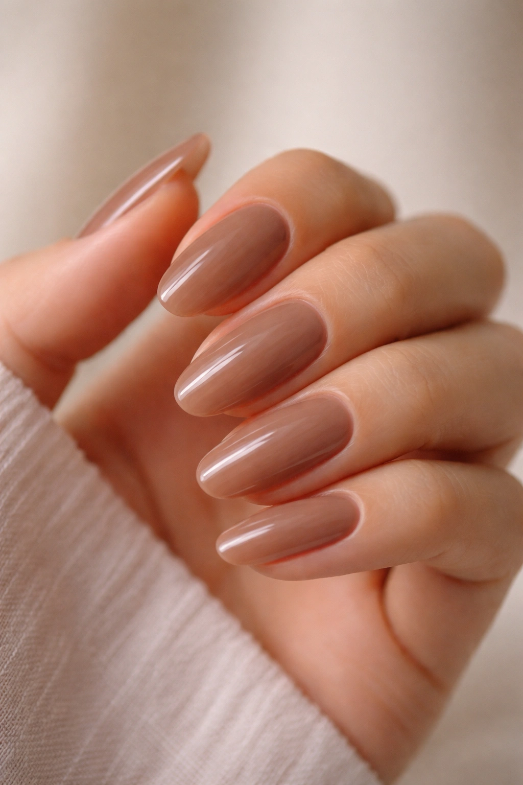 Close-up of long oval nails in sheer brown nude with glossy finish