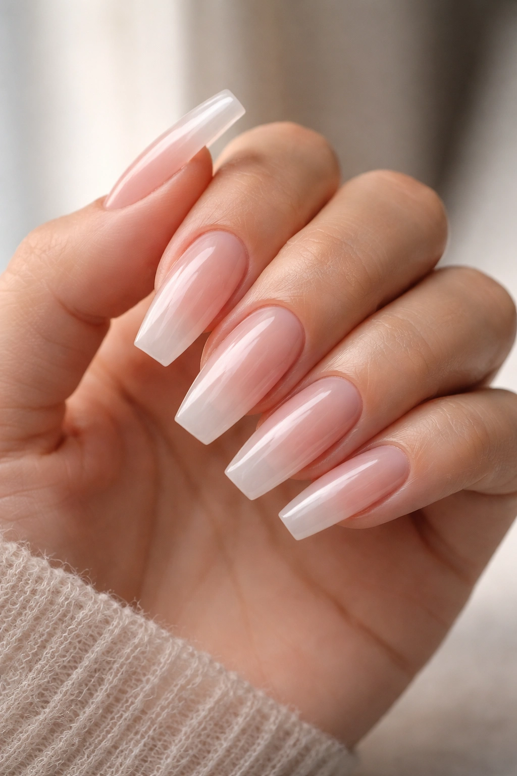 Hand showing coffin nails with soft milky pink bubble bath finish