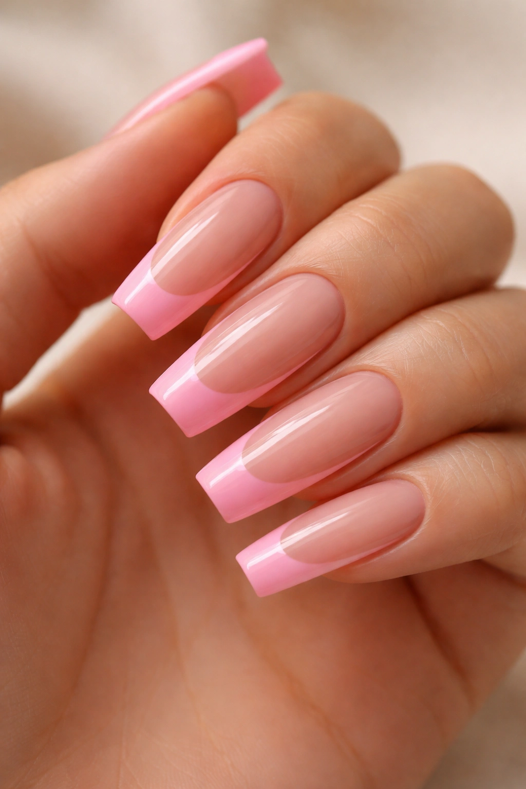 Coffin nails sheer nude base with bubblegum curved tips