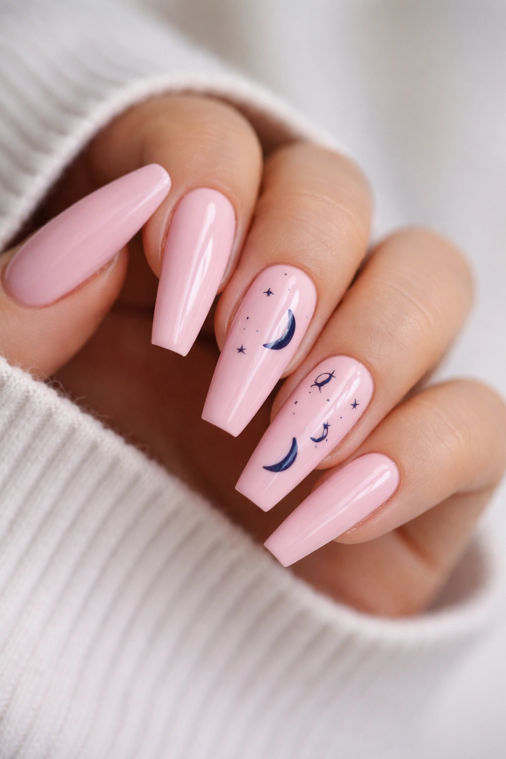 Bubblegum pink coffin nails with midnight navy celestial art featuring stars and moons