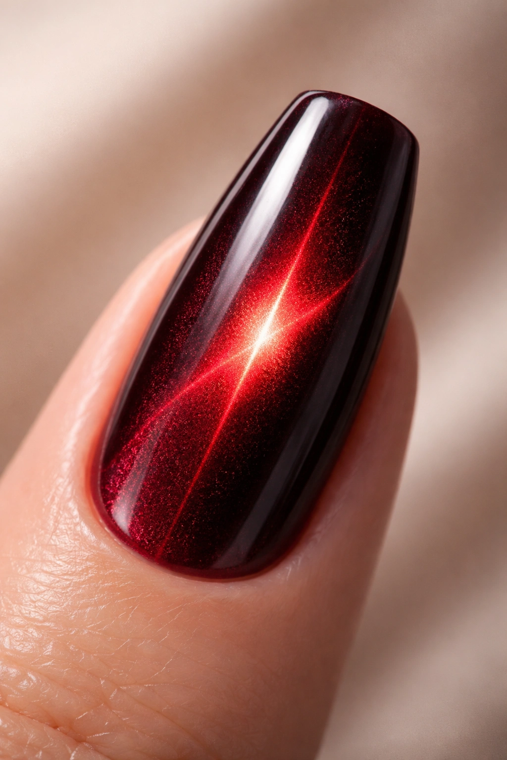 Close-up of burgundy coffin nail with red flash center in cat-eye effect