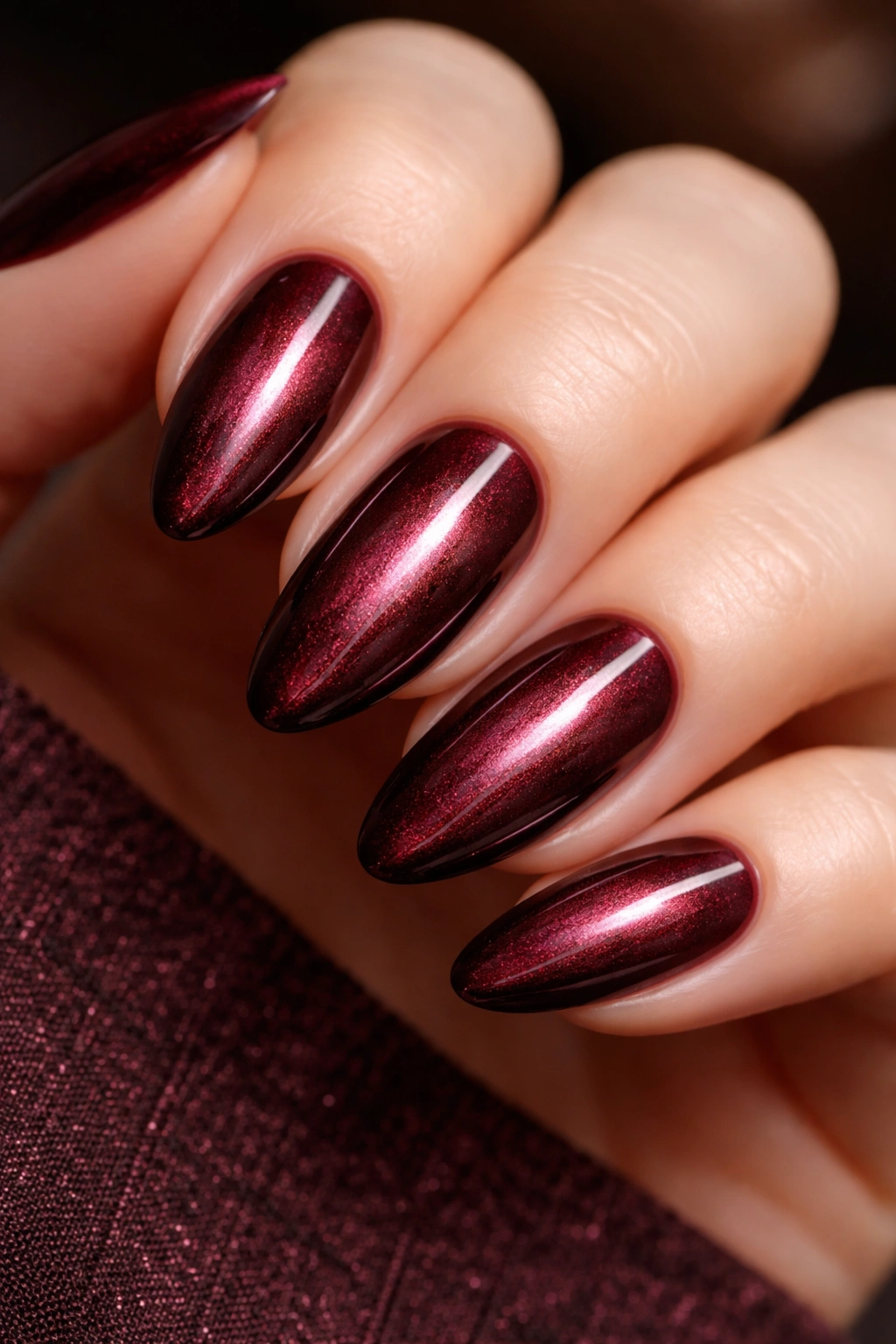 Burgundy cat eye nails with wine finish on almond nails