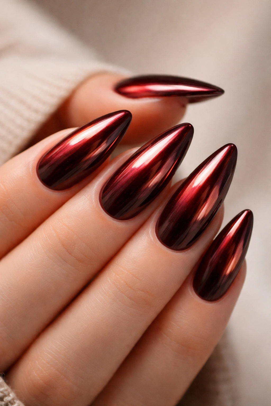 Close-up burgundy chrome almond nails with deep base and red-gold chrome