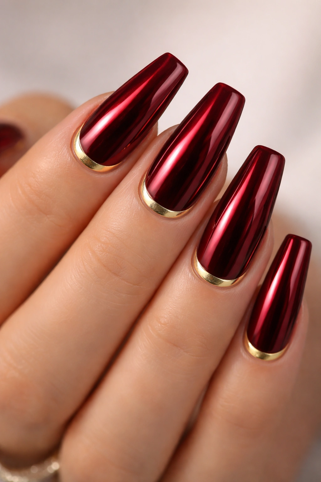Burgundy burgundy chrome coffin nails with gold cuticle cuffs