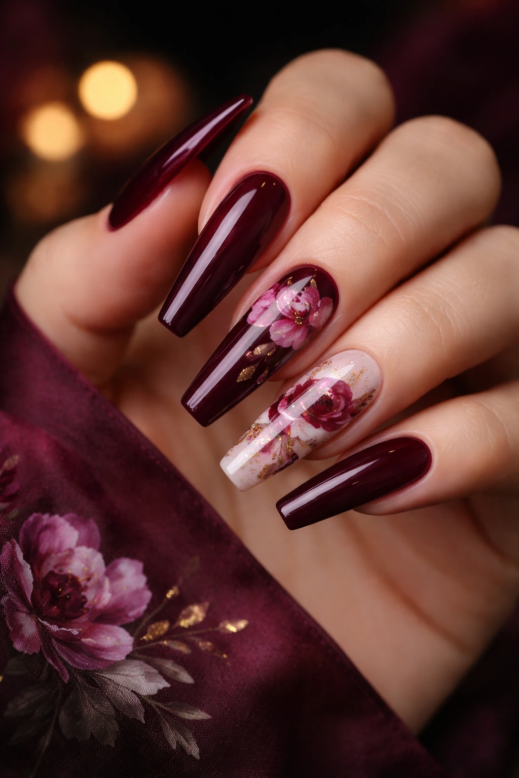 Close-up of burgundy coffin nails with moody peonies and painterly shading.