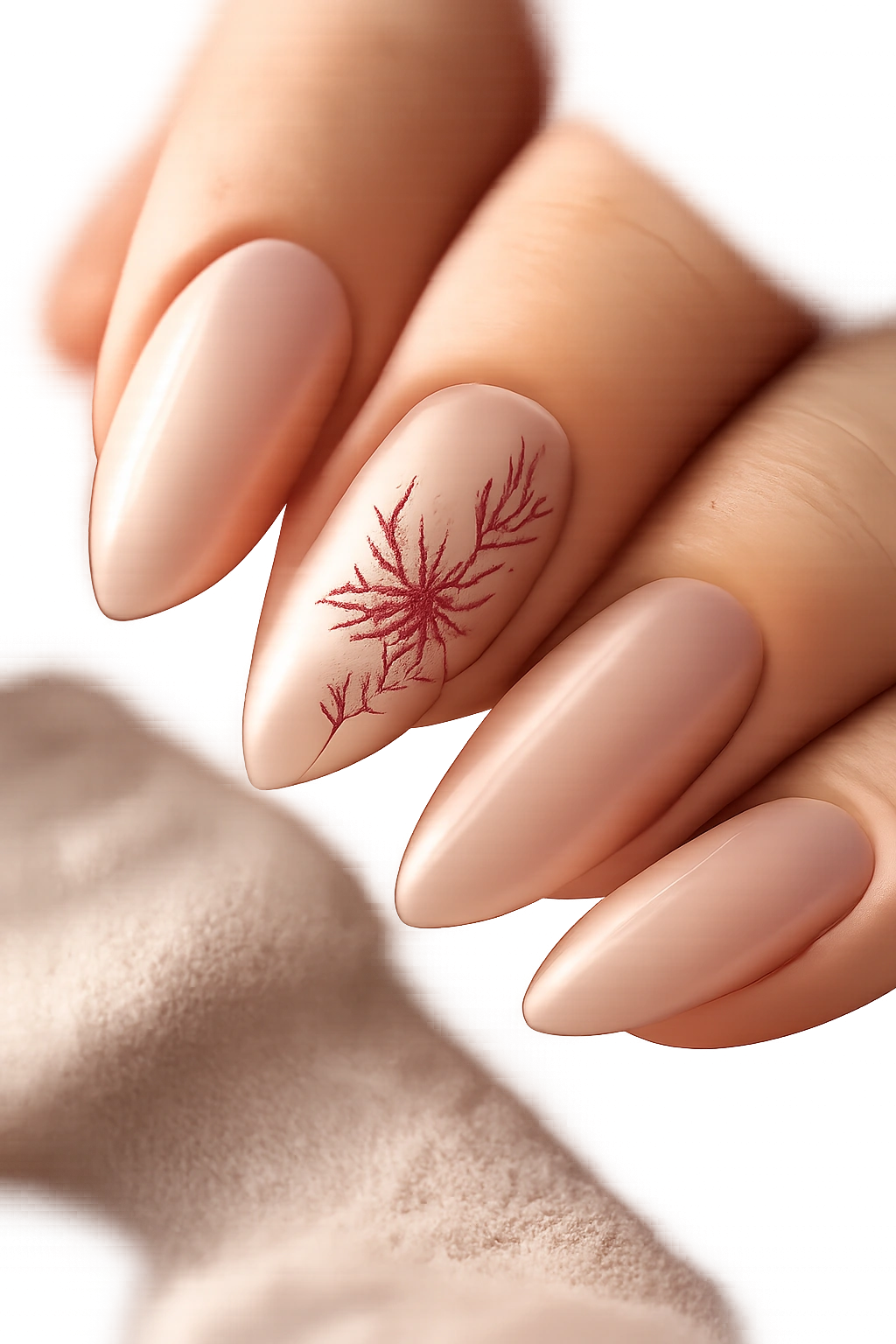 Almond nails with burgundy floral line art on a sheer base.