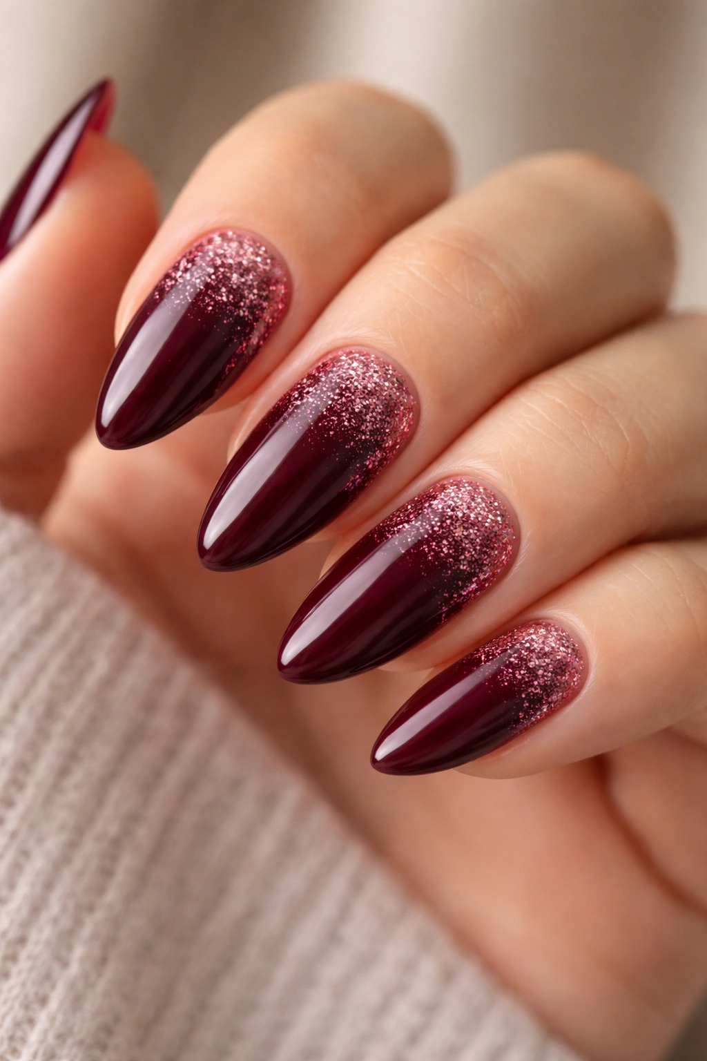 Almond nails with burgundy polish and glitter fade at cuticle