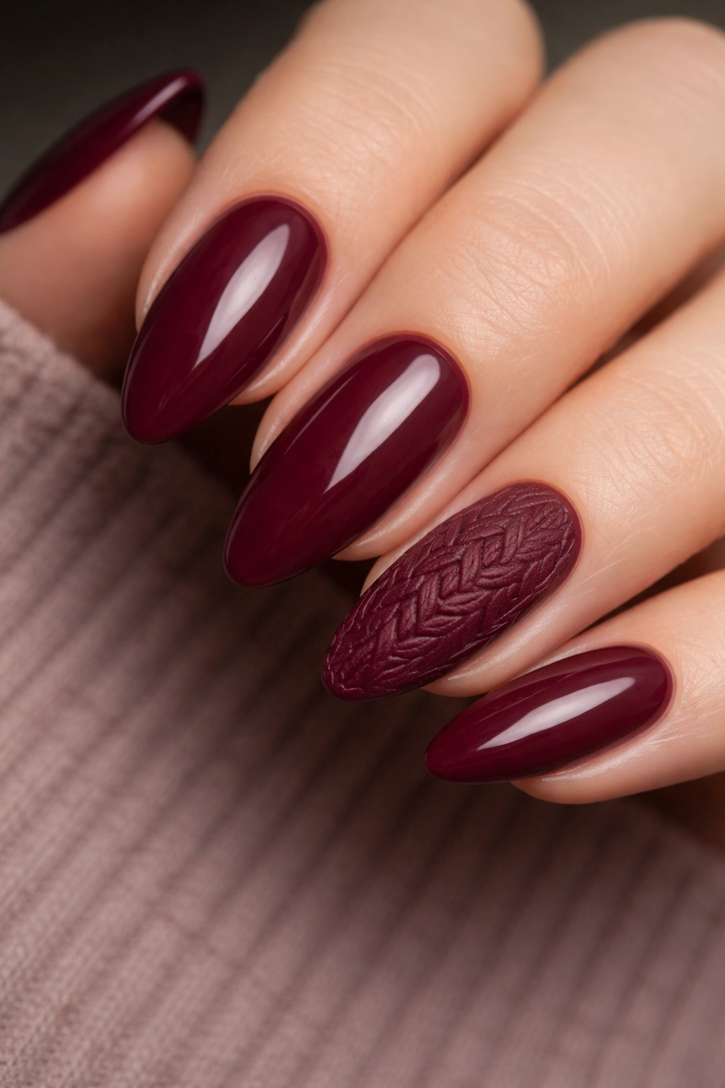 Burgundy nails with knitted sweater texture on accent nails