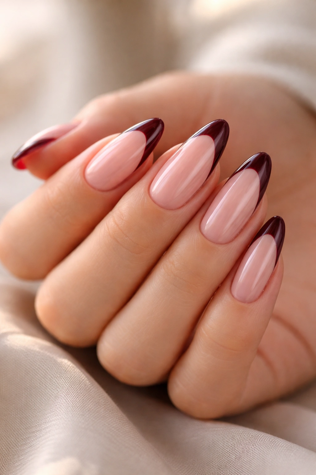 Close-up of almond nails with burgundy tips on a sheer pink base