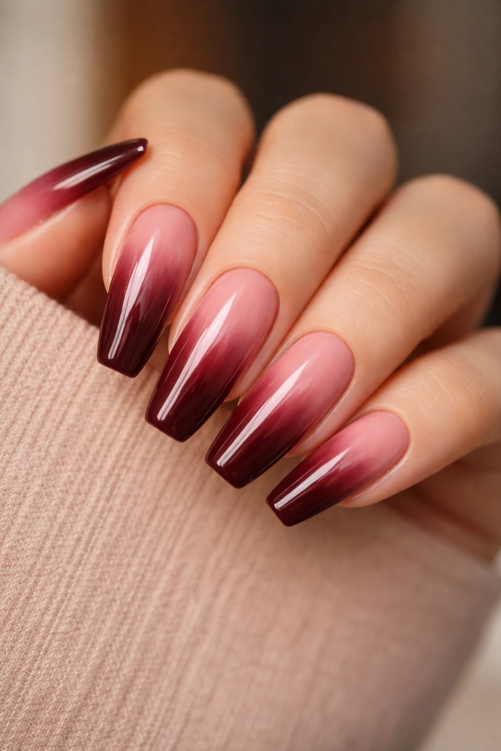 Coffin nails burgundy to dusty rose ombré gradient