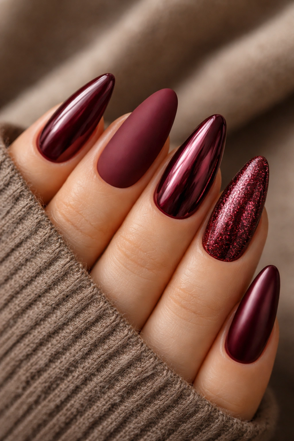 Burgundy skittle nails with mixed finishes on a hand
