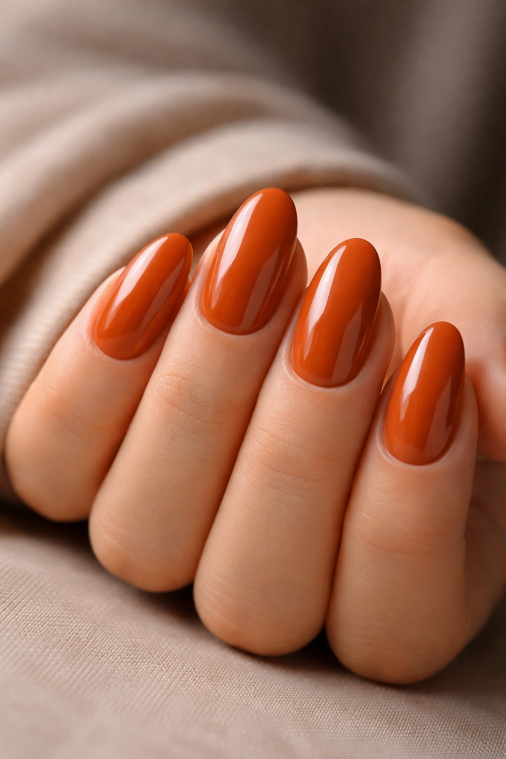 Close-up of burnt orange gloss almond nails with high shine on a neutral background