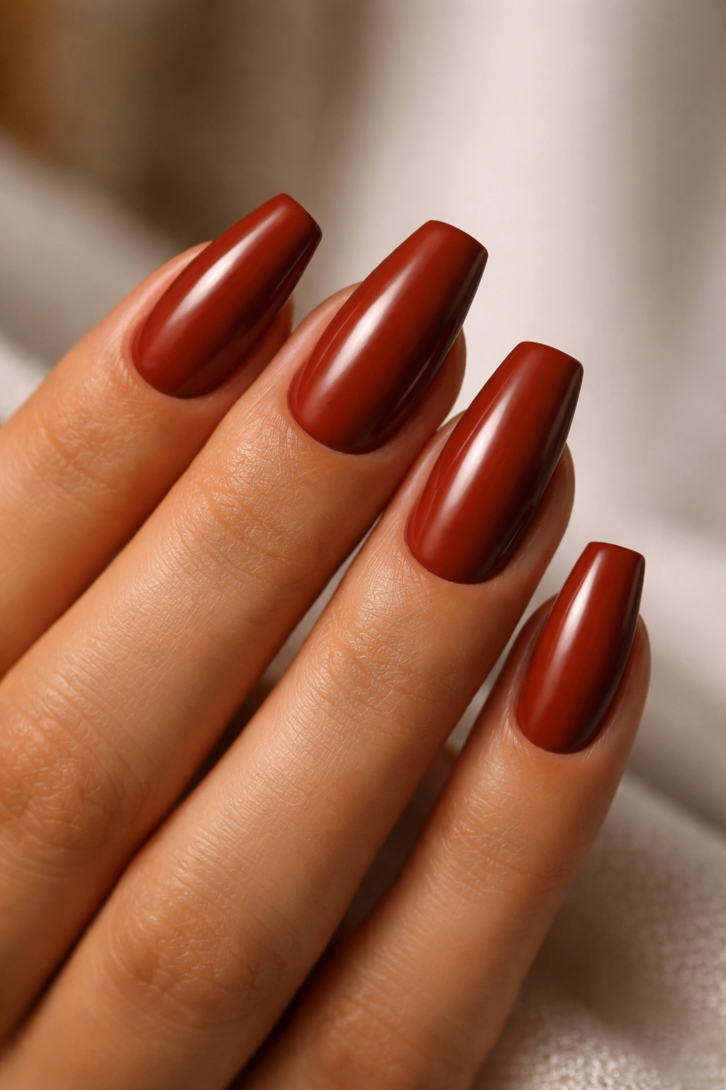 Close-up of warm burnt rust red coffin nails on short to medium length.