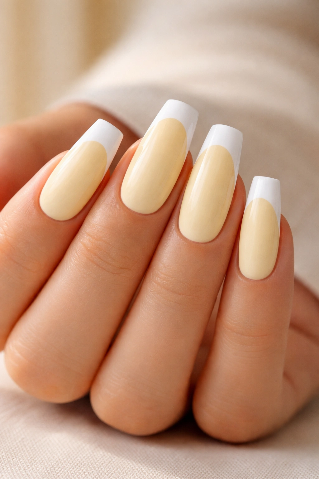 Butter yellow coffin nails with crisp white French tips
