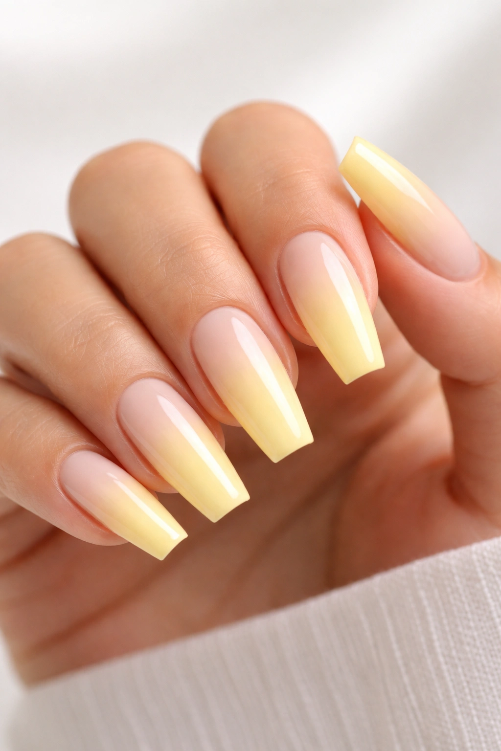 Butter yellow ombre coffin nails over milky nude base on a hand
