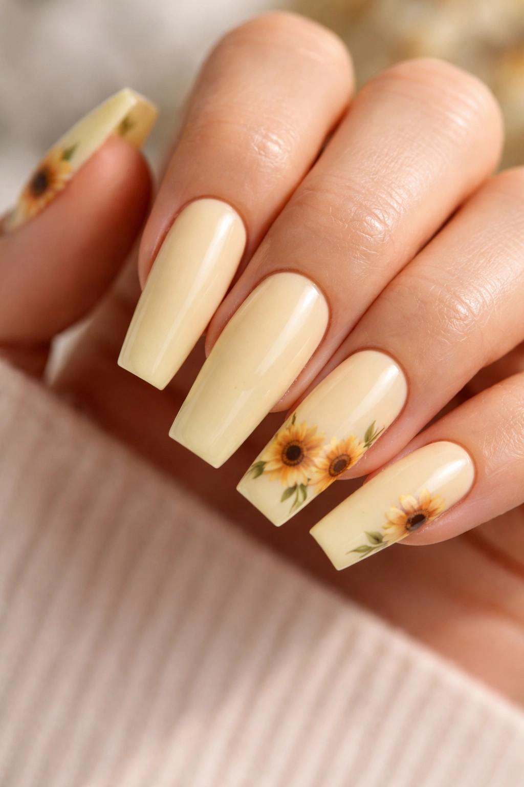 Close-up of buttercream yellow coffin nails with sunflower accents on a hand, studio lighting.