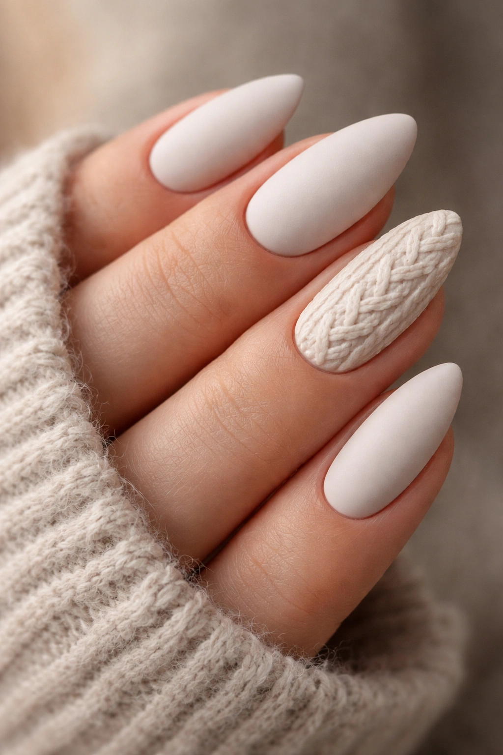 Close-up of almond nails with cable-knit texture on cream-gray base
