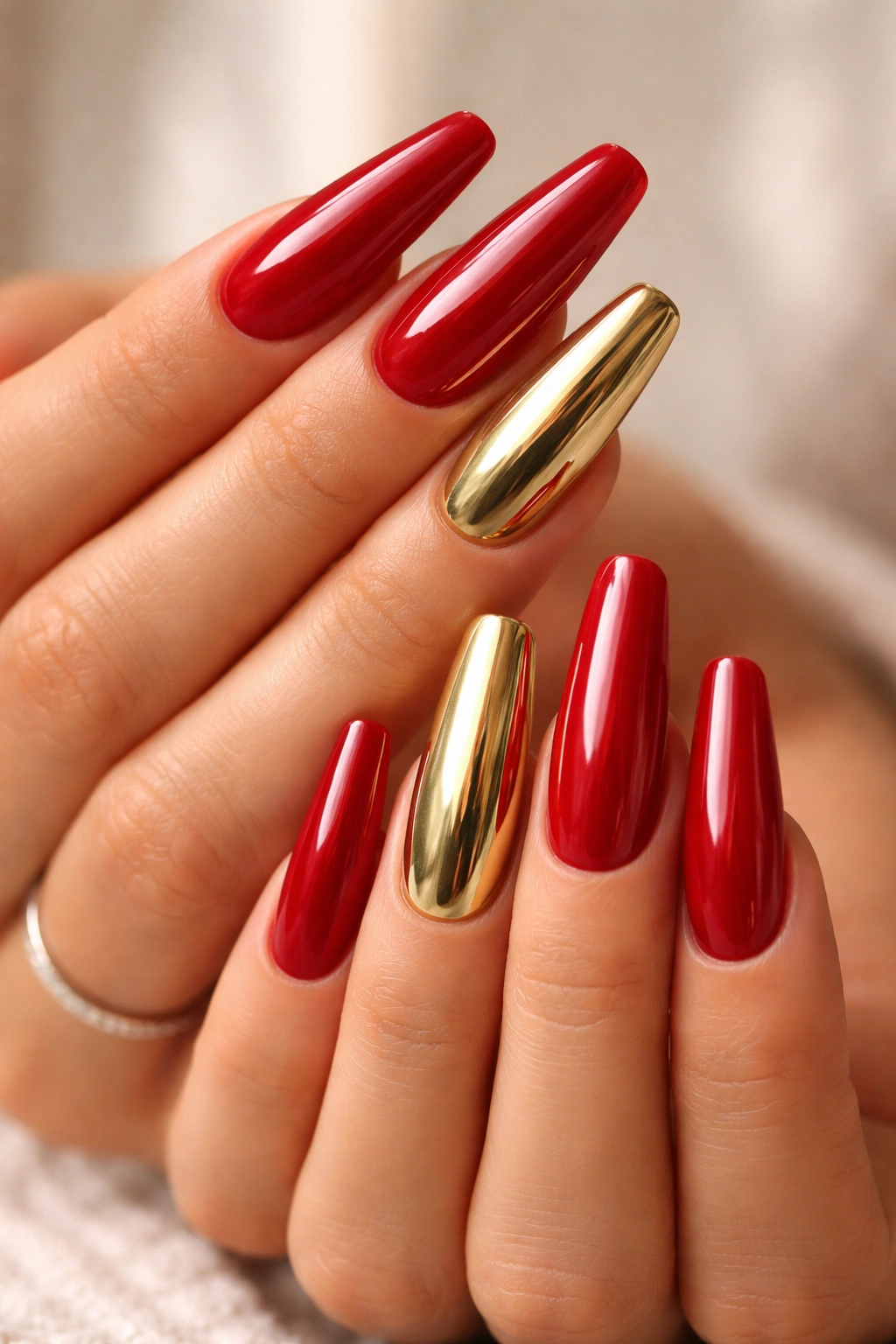 Close-up of candy apple red nails with gold chrome accent nails