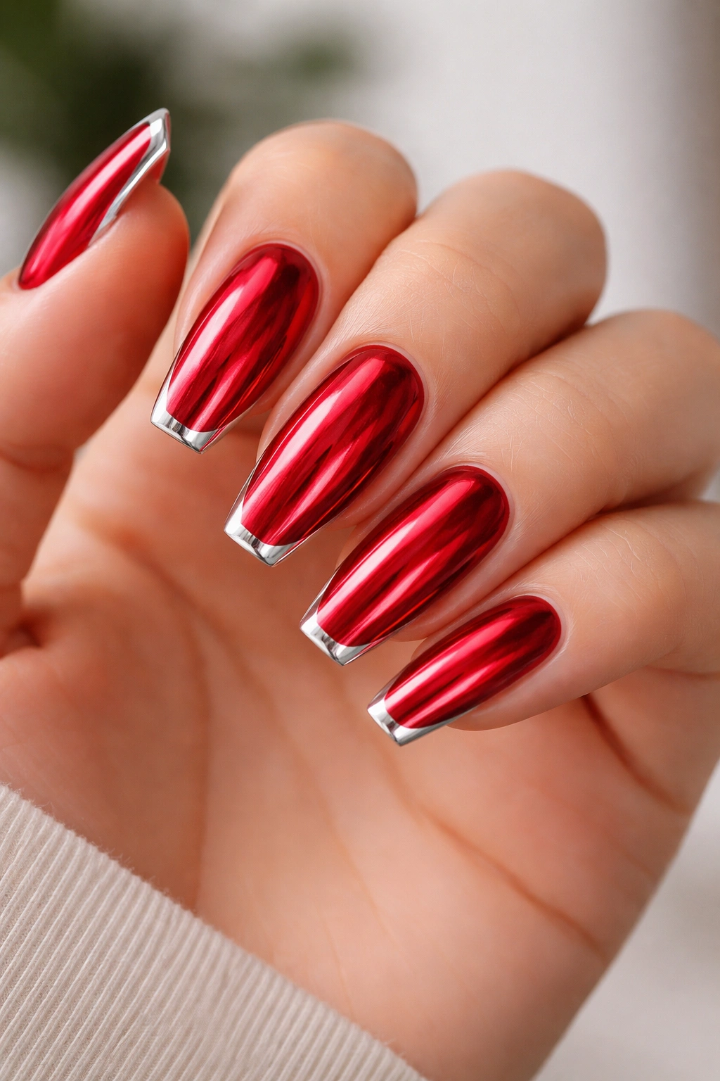 Candy apple red chrome nails with thin silver edge