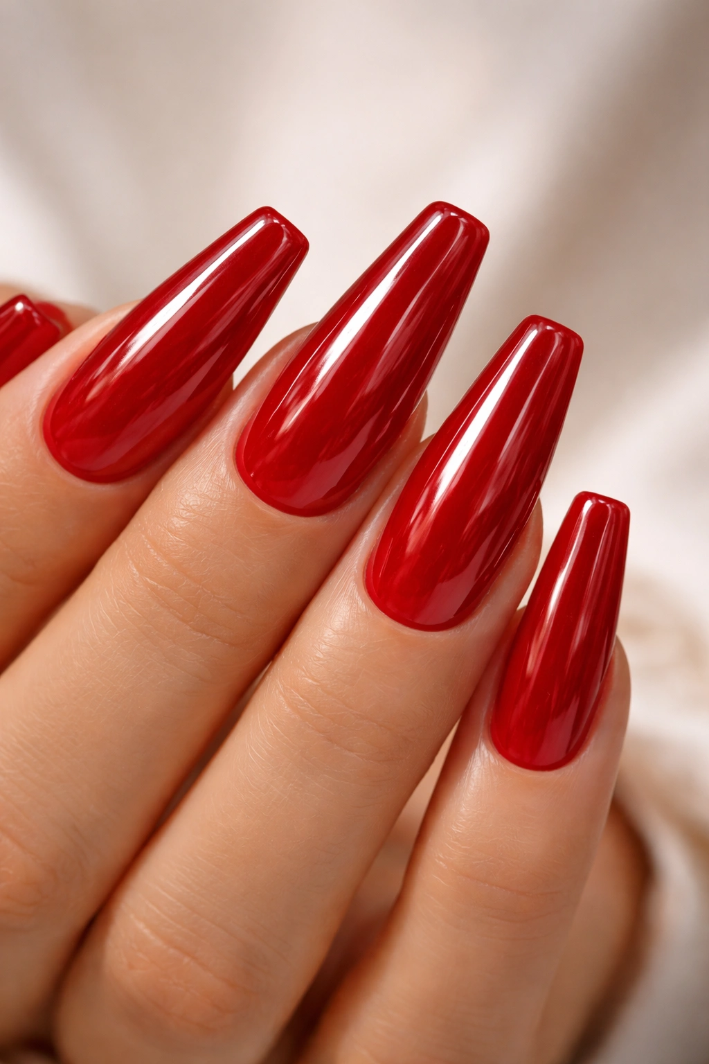 Close-up candy apple red coffin nails with high gloss