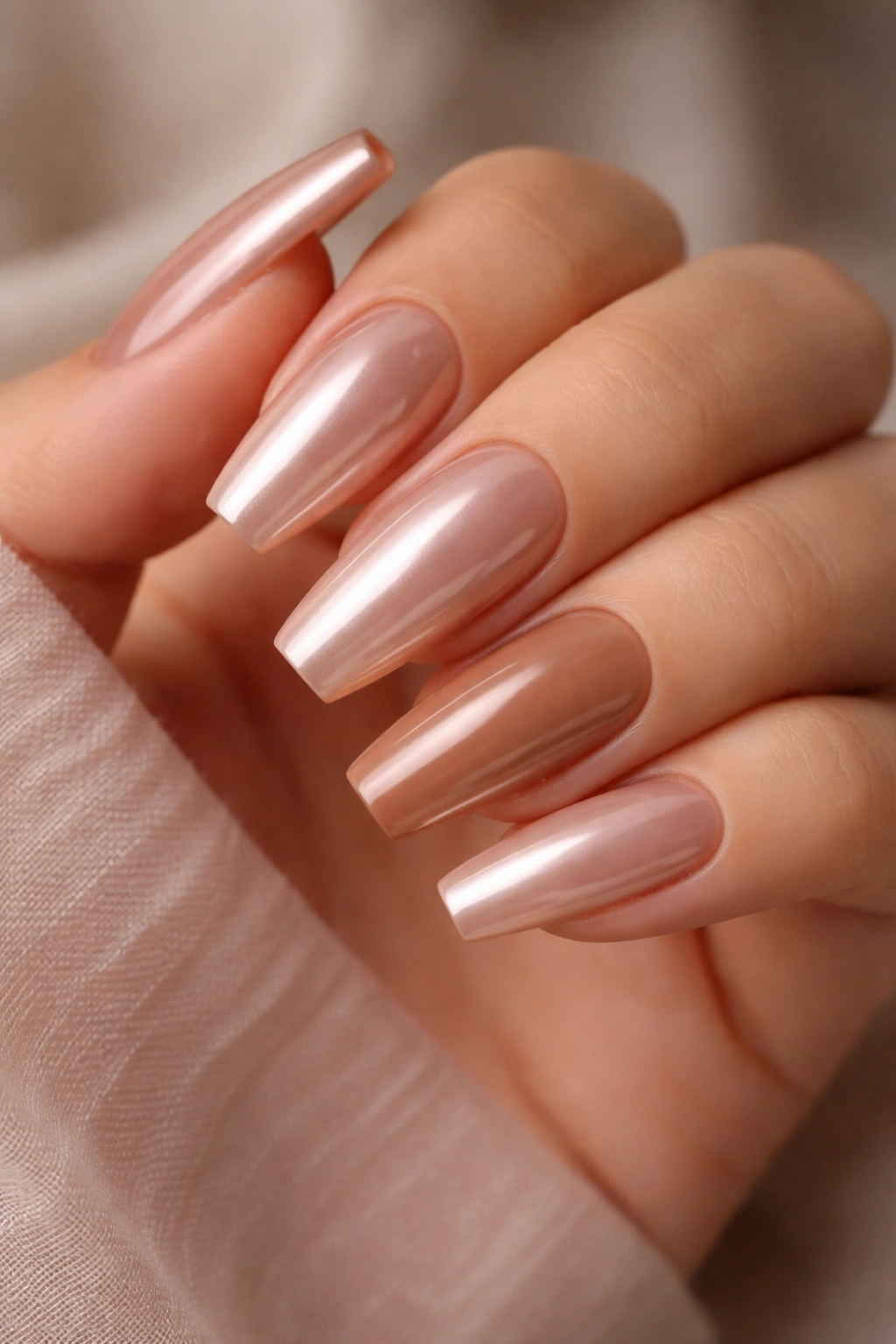 Caramel nude chrome coffin nails with tone-on-tone accent