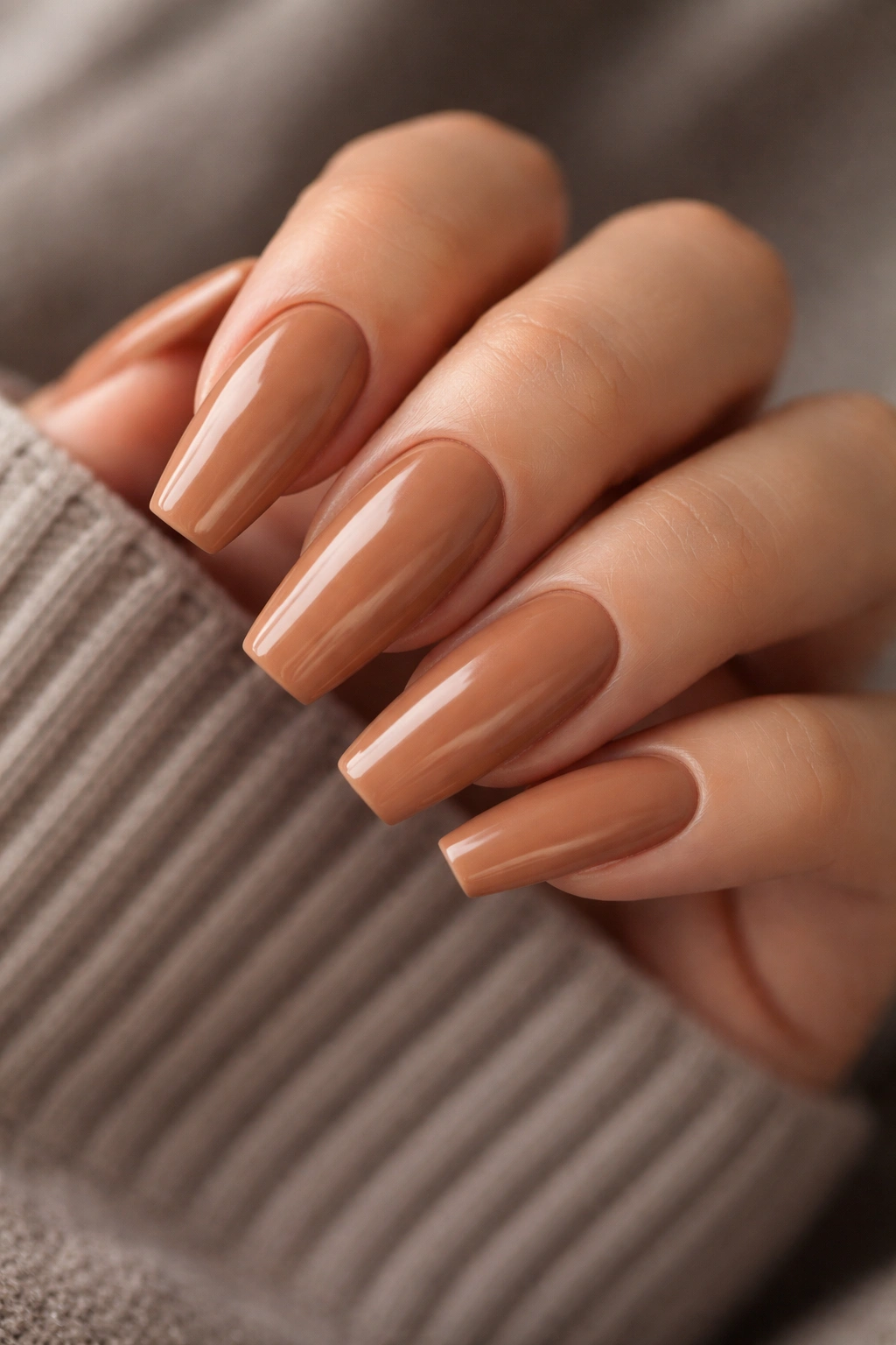 Nails in caramel nude with clean cuticle line