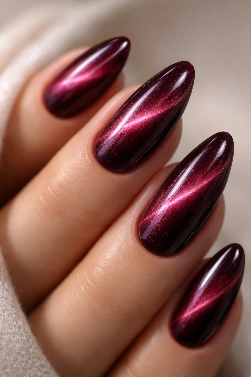 Almond nails with cat-eye shimmer in burgundy