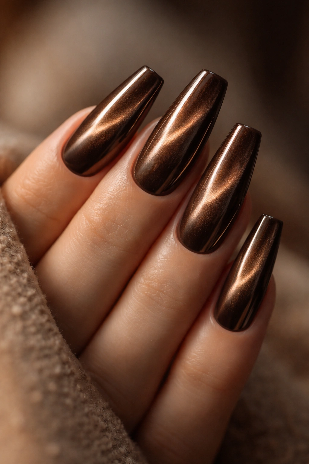 Cocoa velvet cat-eye coffin nails with moving reflective band