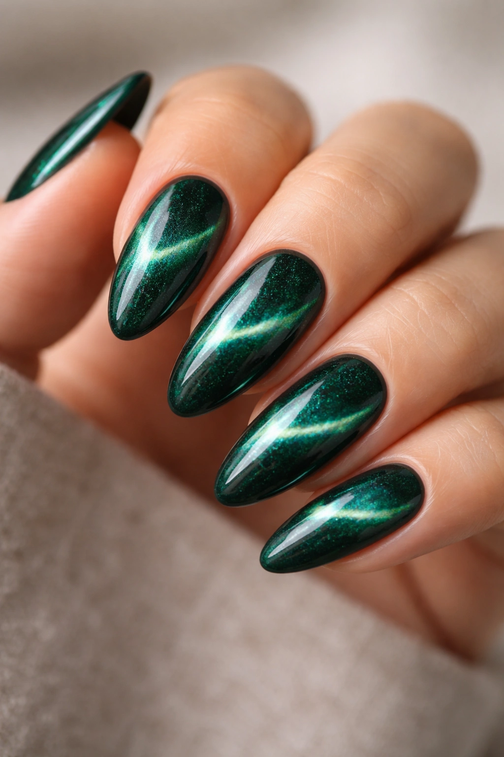 Close-up of almond-shaped emerald cat-eye nails with a curved shimmer line