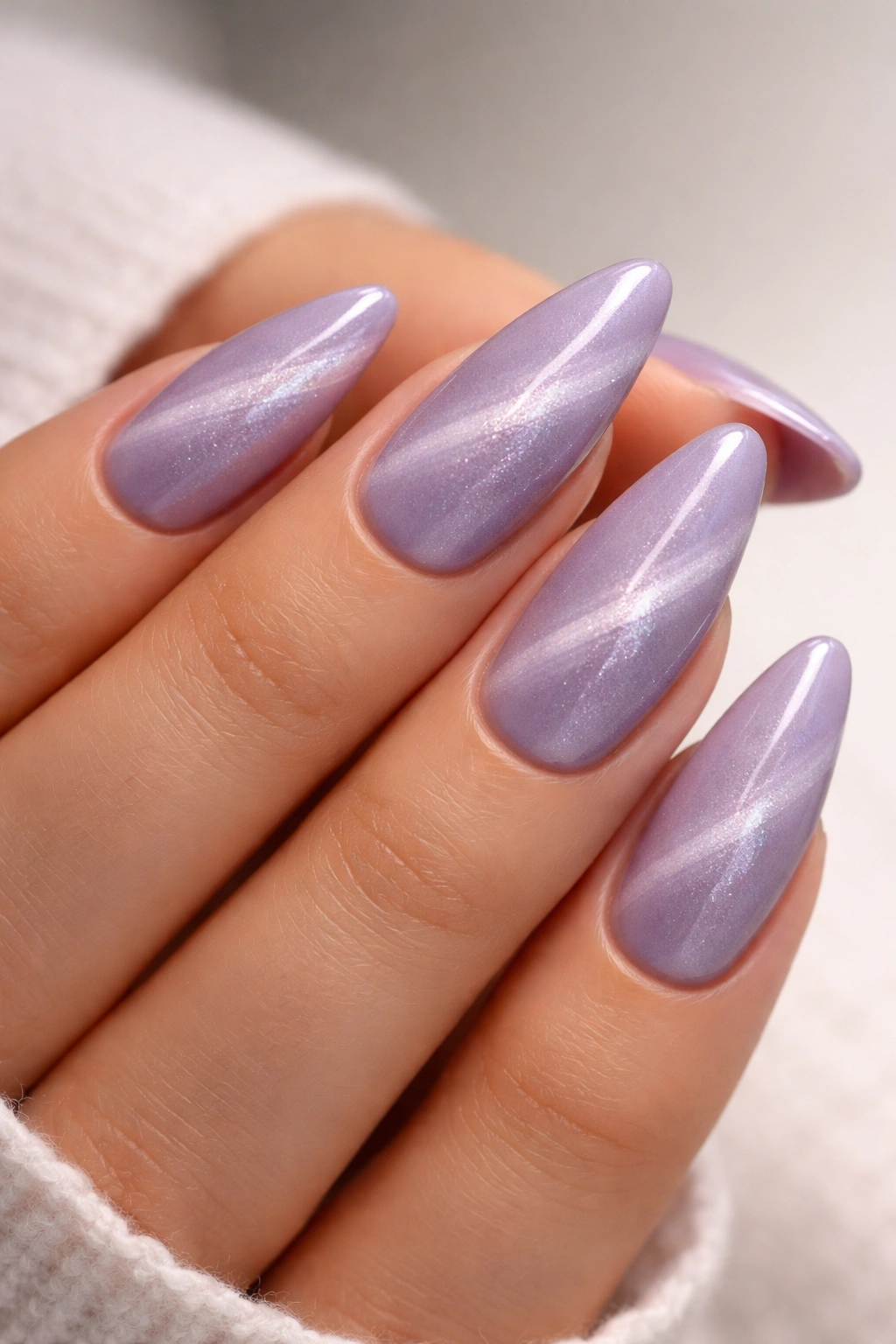 Diagonally placed cat-eye shimmer on lilac almond nails