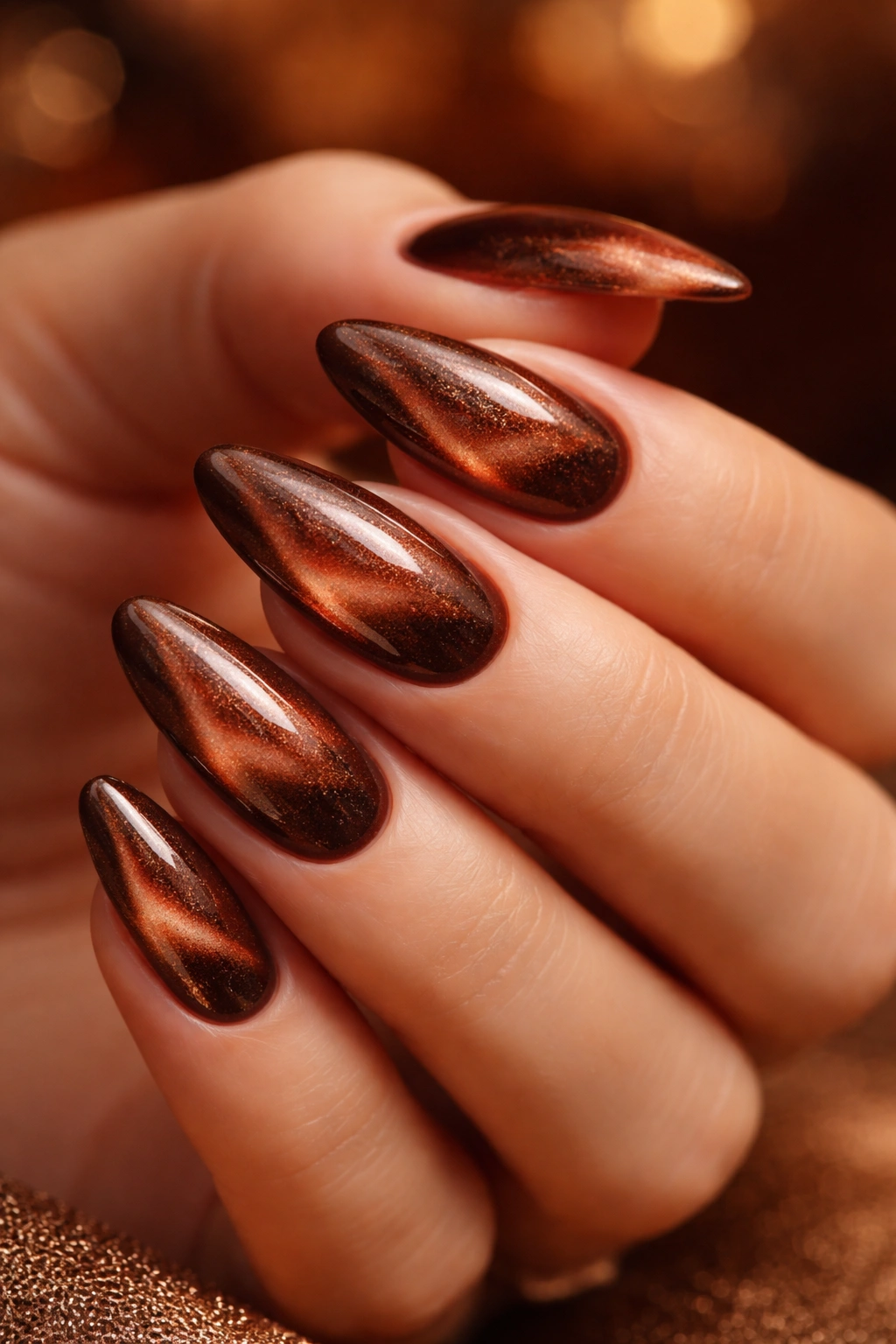 Velvet cat-eye chestnut almond nails close-up