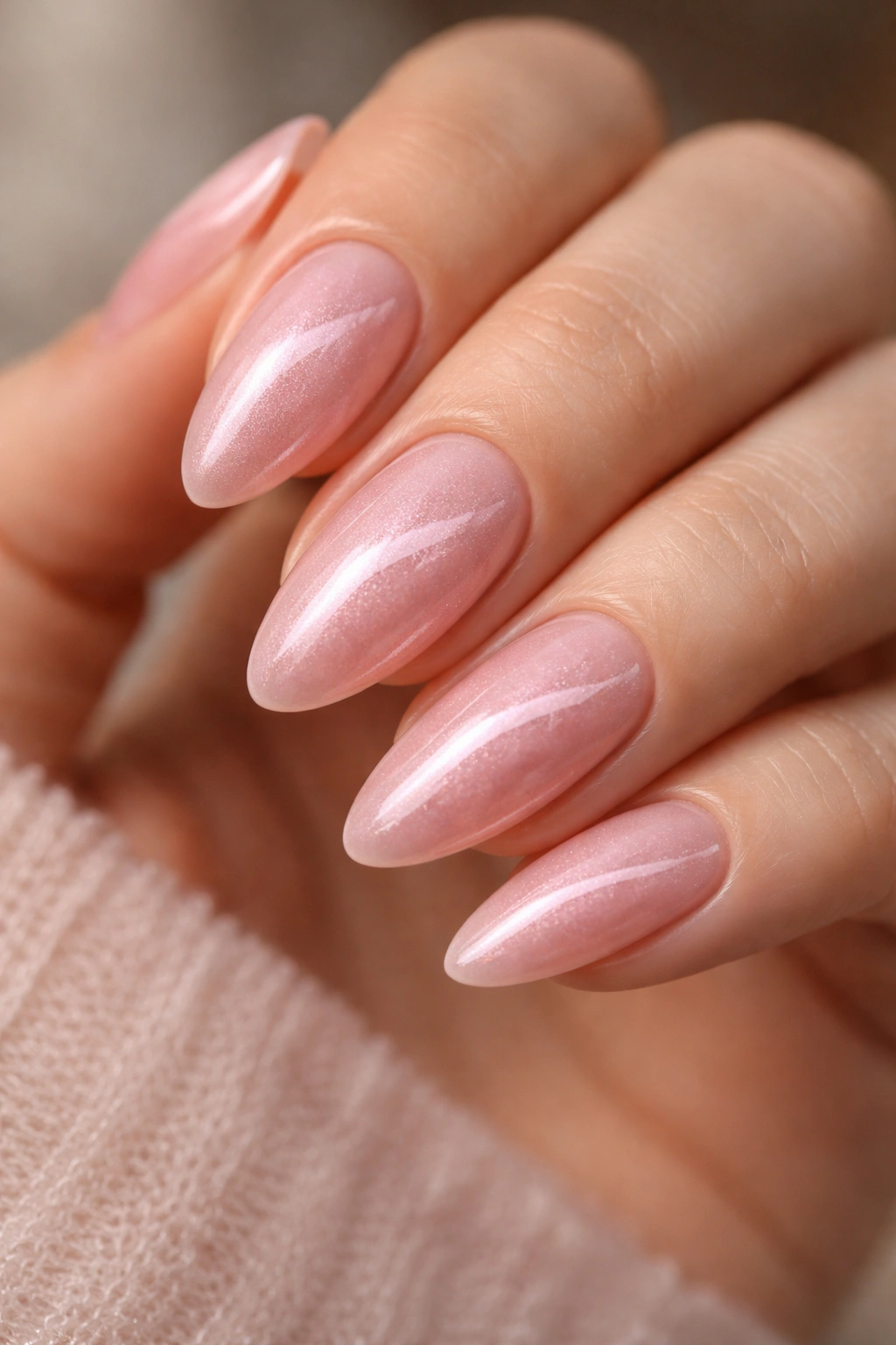 Almond nails with velvet cat-eye pink shimmer