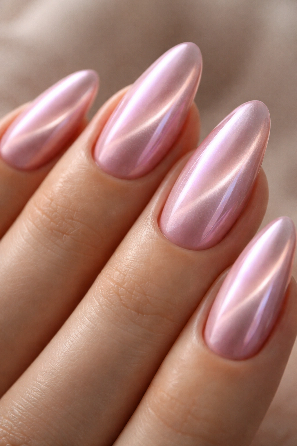 Almond nails with cat-eye underlayer under pink chrome