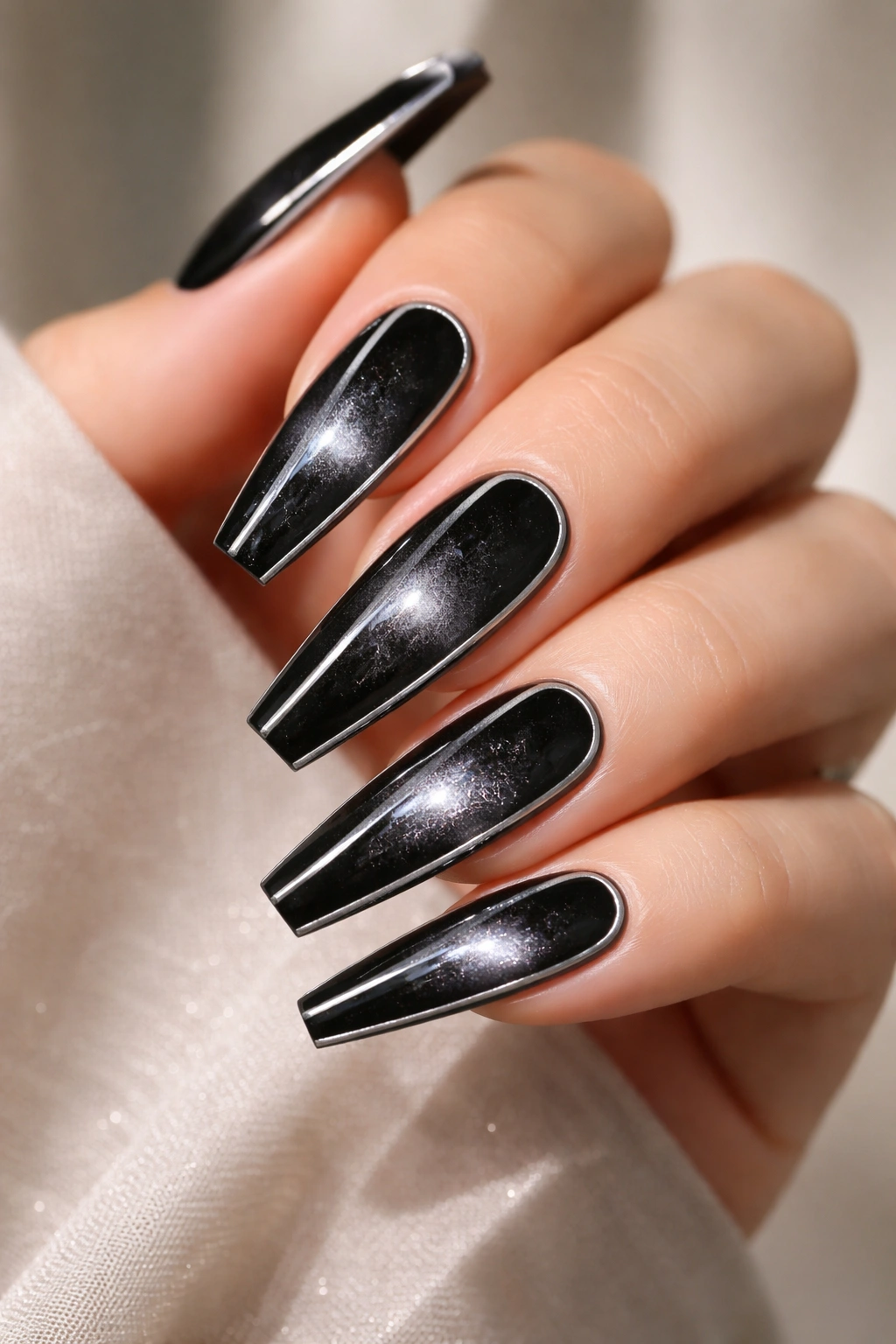 Close-up of velvet black cat-eye coffin nails with thin silver side lines