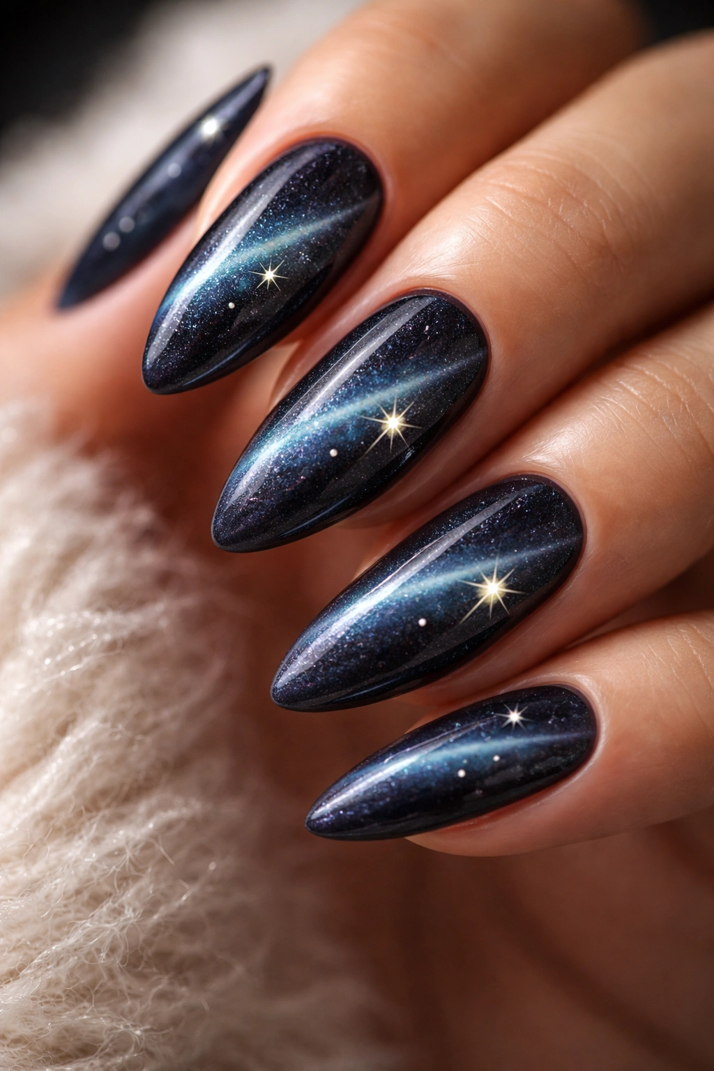 Close-up of magnetic cat-eye almond nails with floating stars