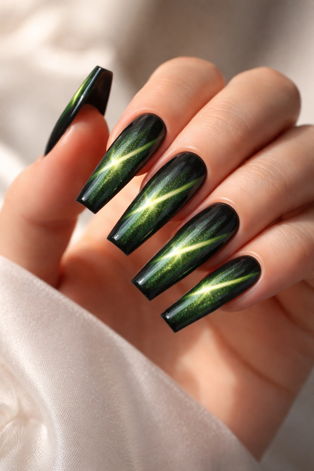 Close-up of coffin nails with green cat-eye shimmer on tapered shape