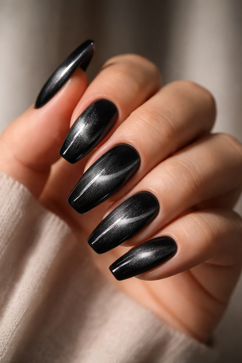 Velvet black coffin nails with cat-eye shift close-up