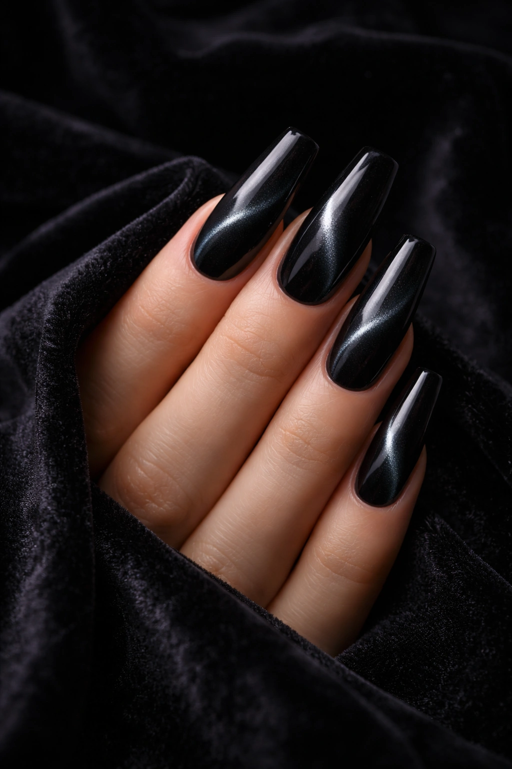 Coffin nails with black velvet cat-eye effect