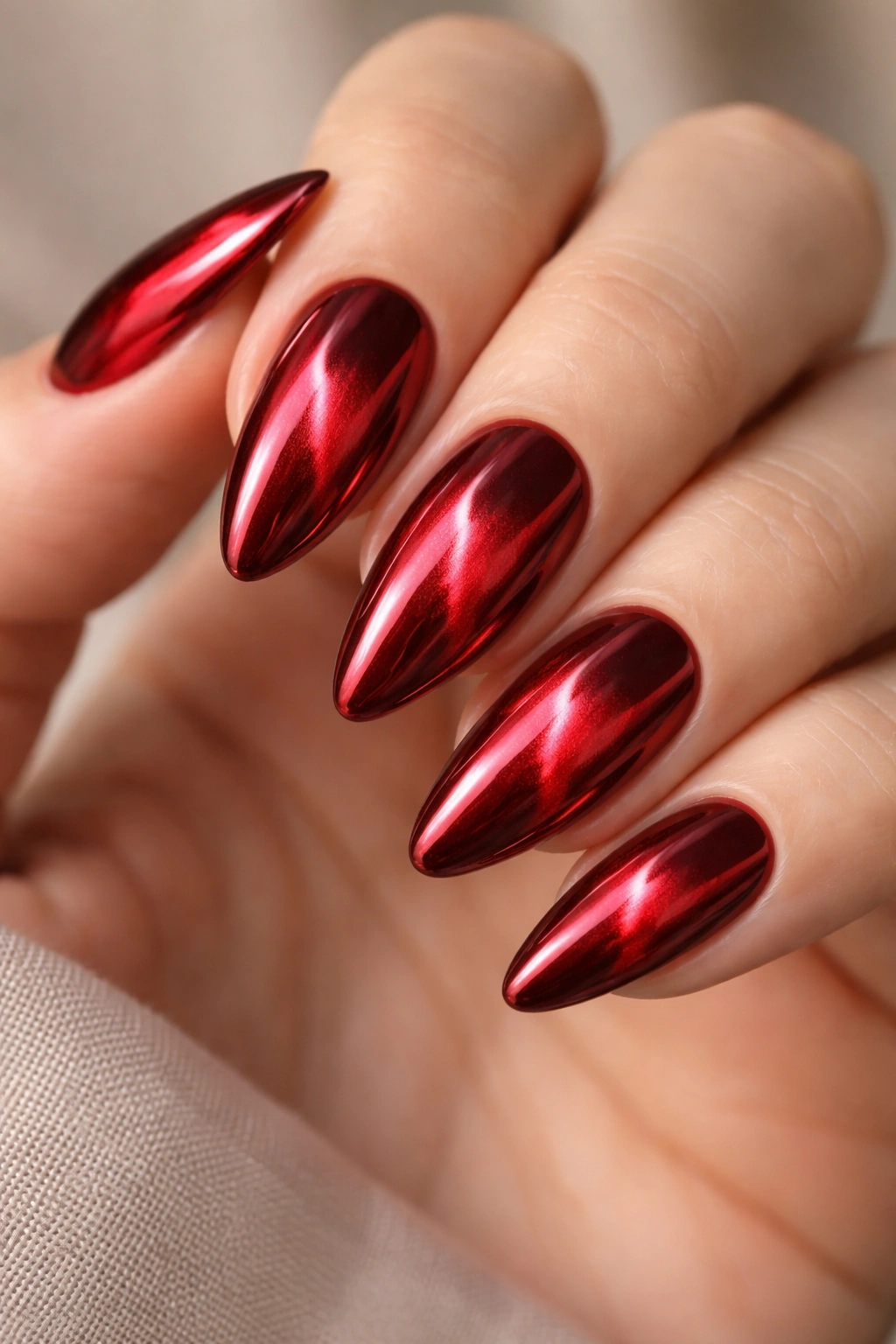 Almond nails with velvet red chrome and cat-eye depth