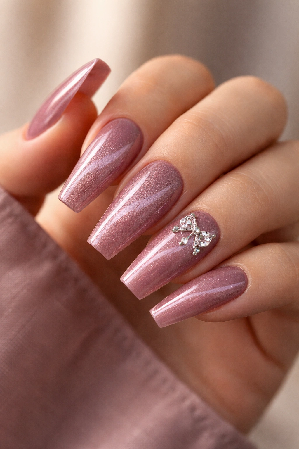 Close-up of cat-eye rose coffin nails with a tiny bow cluster on one accent nail
