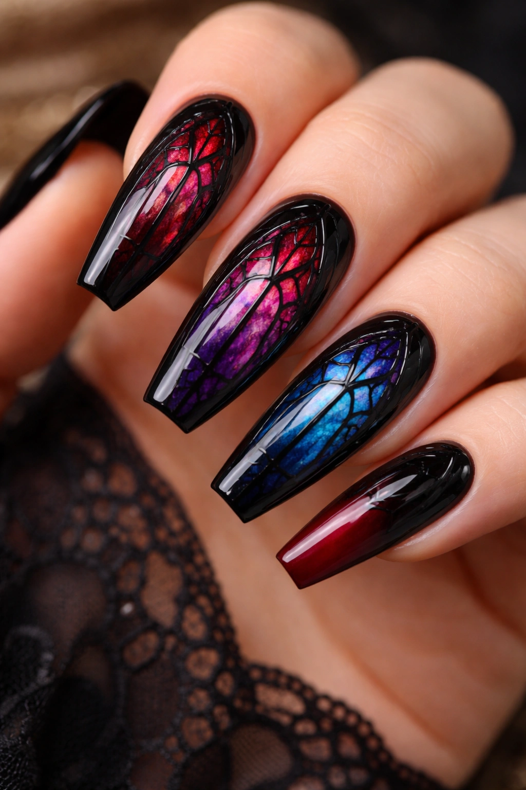 Gothic cathedral window nails with stained-glass panels on coffin nails