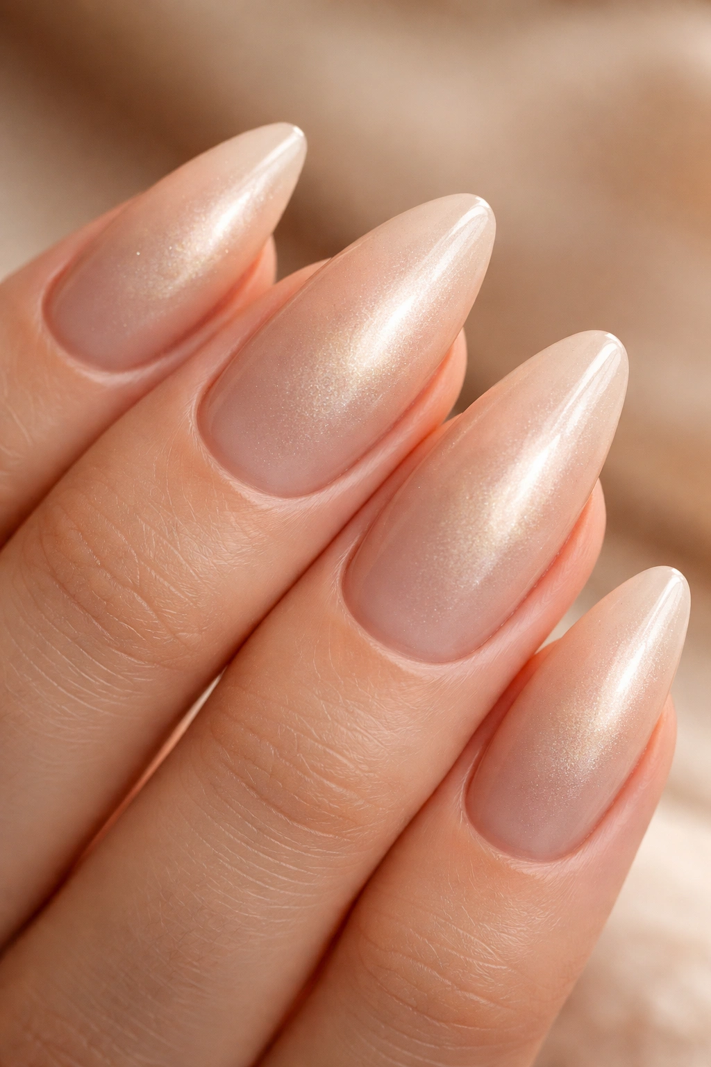 Close-up almond nail with champagne cloud aura: sheer champagne center and nude edge.