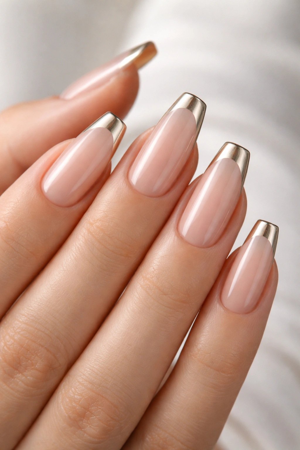 Close-up of Champagne Chrome Micro-French coffin nails showing a thin champagne tip