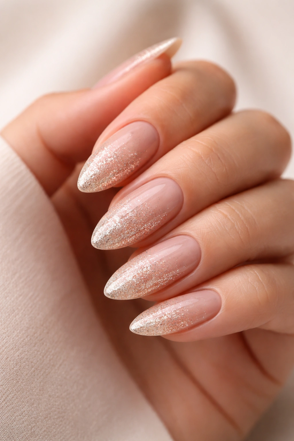 Close-up of champagne glaze almond nails with sheer beige base and subtle glitter