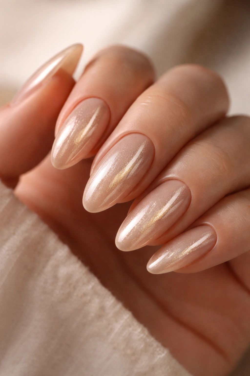 Champagne nude cat eye nails with gold shimmer ribbon on almond shape