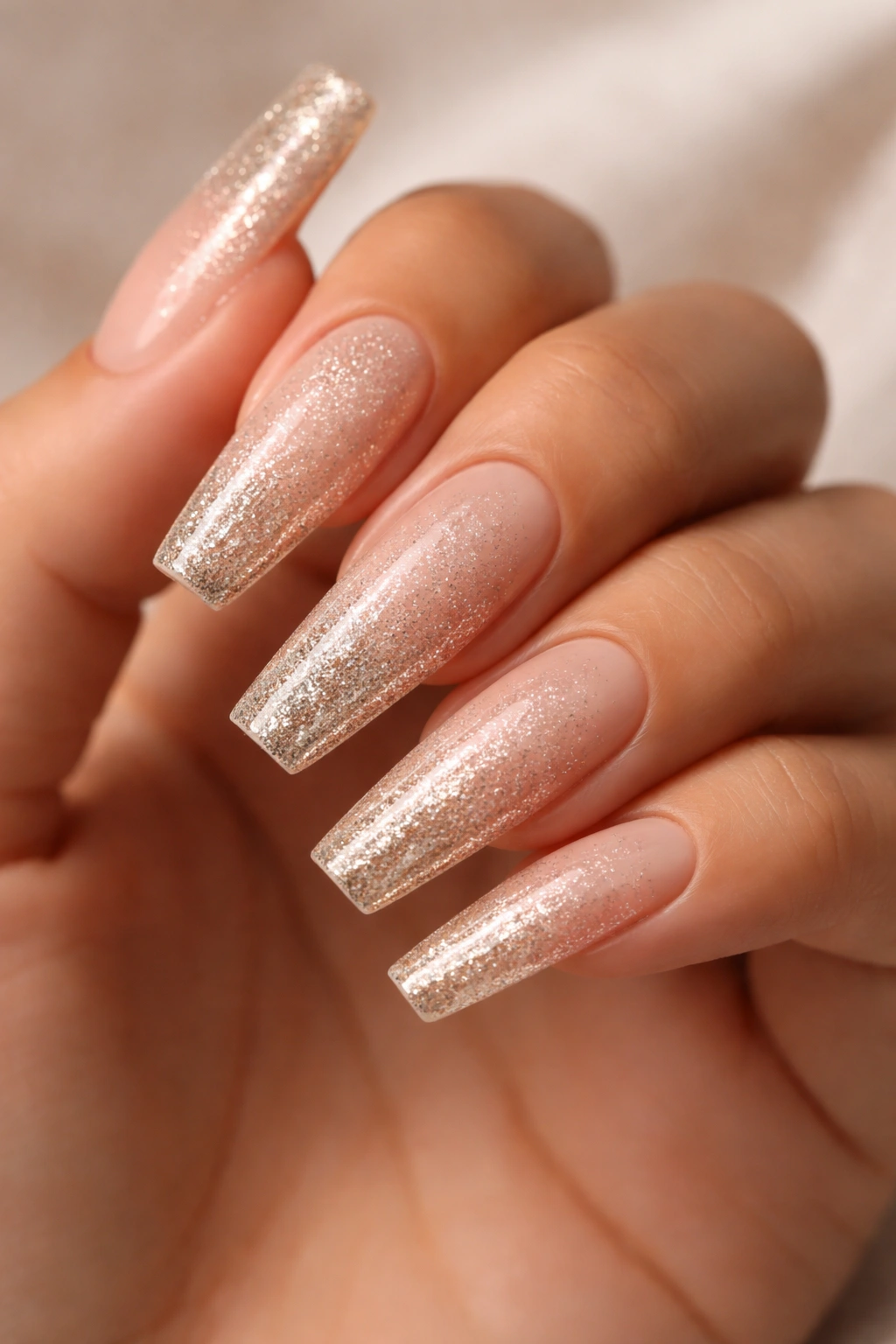 Close-up of champagne ombré glitter on long coffin nails with nude base